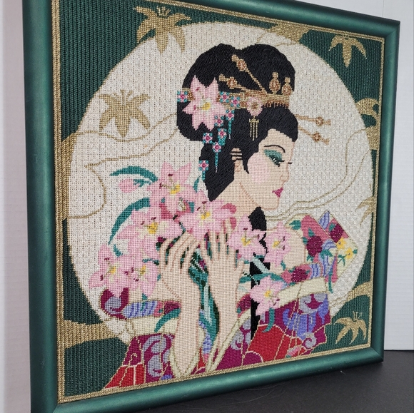 Geisha and the Moon Needlepoint Crewel Work on Handpainted Canvas - Picture 2 of 12